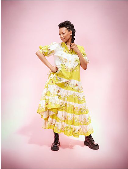 Nina-Sosanya yellow dress by ALEMAIS; and boots by Underground England
