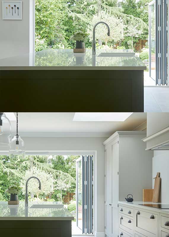 Choose a colour palette that will help to bring the outside in, as in this calming Olive & Barr kitchen