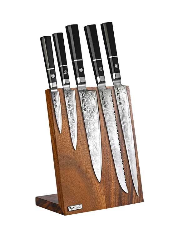 ProCook Damascus Elite Knife Set, 5 Piece and Walnut Magnetic Block