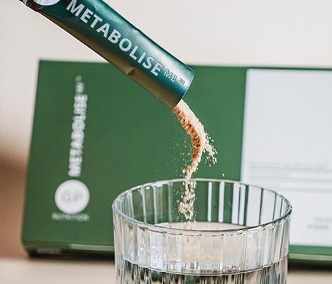 GP Nutrition Metabolise Me sachet and glass