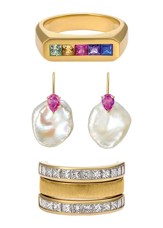 Top: Rainbow sapphire pinky ring, £4,500 ; Middle: Atlantis: sapphire and keshi pearl earrings, £1,250; Bottom:Avebury Rings: diamond hinge ring, £12,000