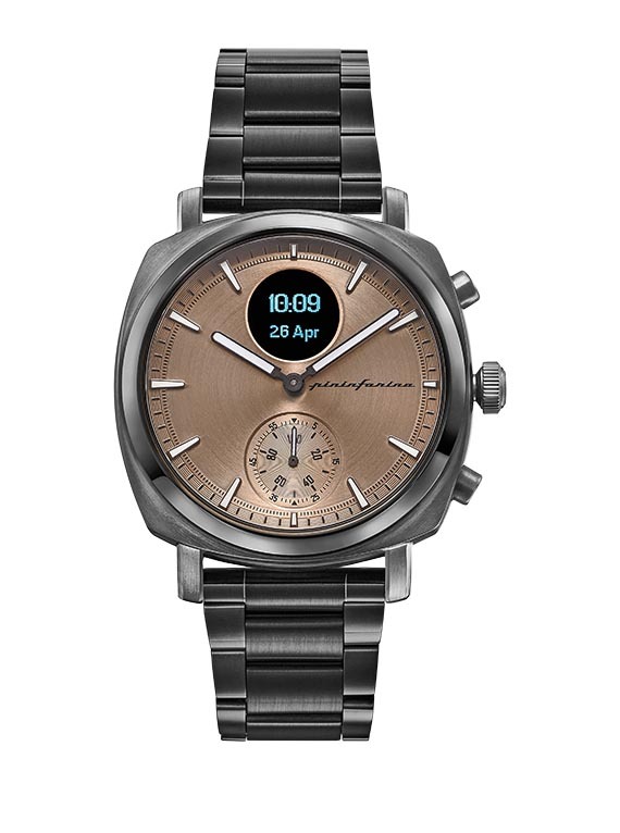 Pininfarina Senso hybrid watch in Mercure grey with grey buckle and dark brown leather strap, £449