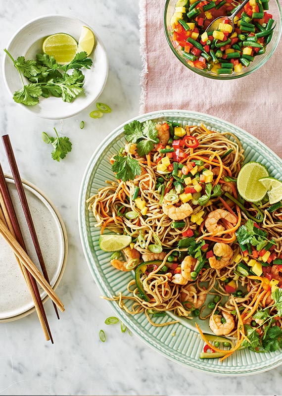 COOK’s warm prawn noodle salad with mango and green bean salsa