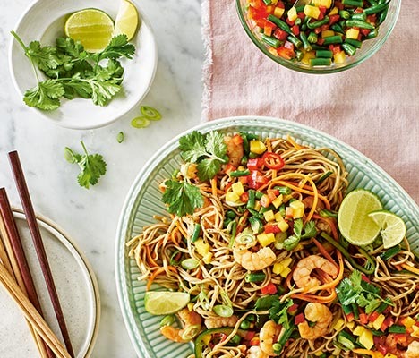 COOK’s warm prawn noodle salad with mango and green bean salsa